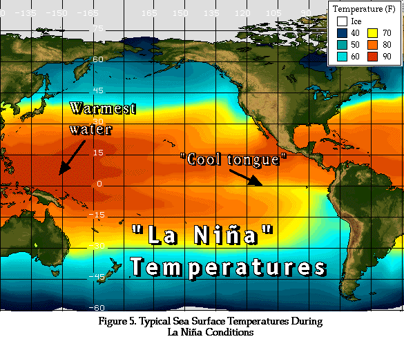 Karta över väderfenomenet La Niña, motsatsen till El Nino