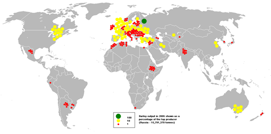 Kornproduktion i världen år 2005
