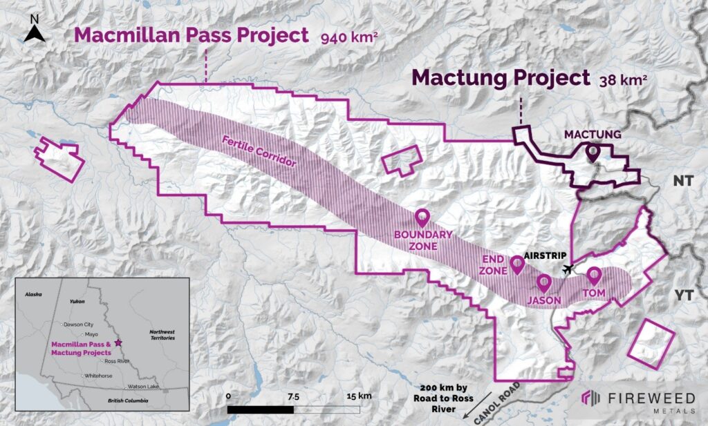 Karta över Fireweed Metals tillgång Macmillan Pass