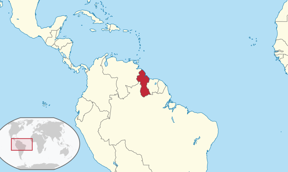 Karta där Guyana i Sydamerika har markerats.