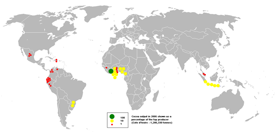 Procentuell fördelning av kakaoproduktion i världen