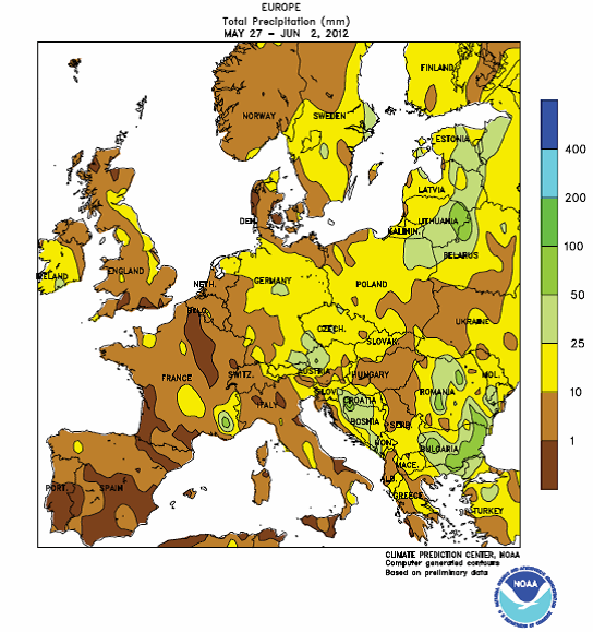 Karta över regn i Europa under maj/juni 2012