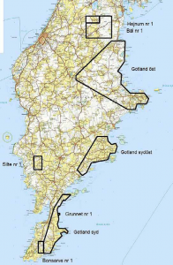 Karta över licensområden för olja på Gotland
