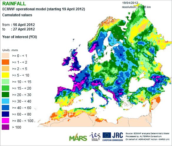 Karta över regn i Europa med start den 19 januari 2012