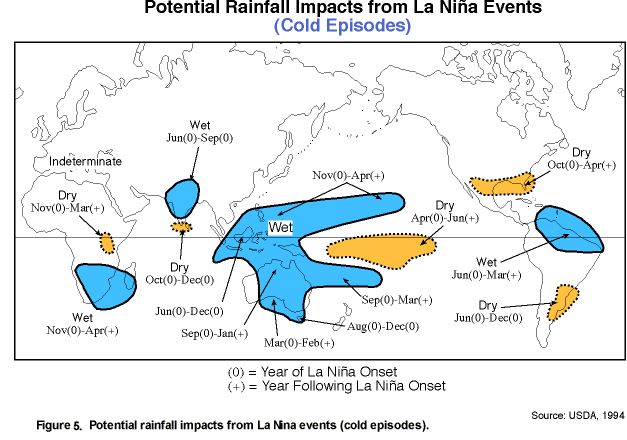 Karta som visar potentiellt regn från La Nina, väderfenomenet