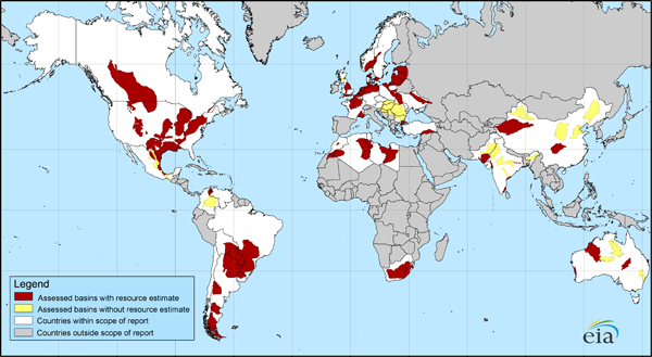 Karta över shale gas / skiffergas reserver i världen