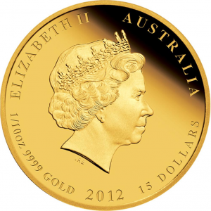 Lunar-mynt i guld med engelska drottningen på ena sidan