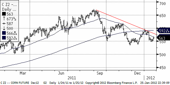 Majs (CBOT) - Teknisk pris prognos den 25 januari 2012