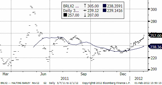 Maltkorn - Diagram över pris den 1 februari 2012