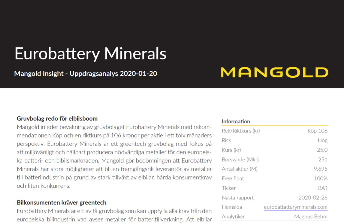 Aktienalys på Eurobattery Minerals av Mangold