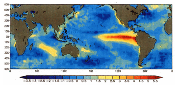 Metrologisk karta som visar de temperaturavvikelser som förekom under El Niño 1997.