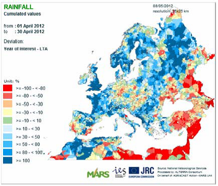 Karta över nederbörd i Europa 1 - 30 april 2012