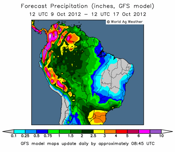 Prognos över regn i Sydamerika