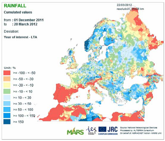 Regnkarta över Europa från december 2011 till mars 2012