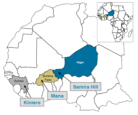 Karta över Semafo guldgruvor
