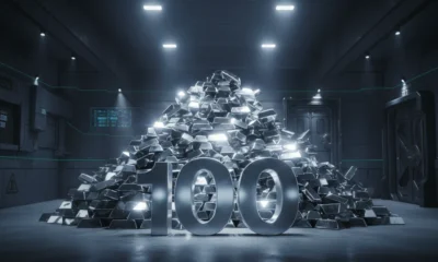 En hög med silvertackor och siffran 100