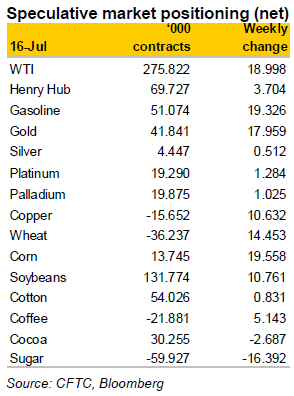 Speculative market positions of commodities
