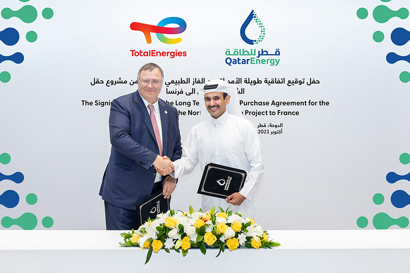 Mr. Saad Sherida Al-Kaabi på QatarEnergy och Patrick Pouyanné på TotalEnergies