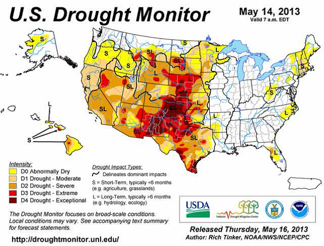 US Drought monitor den 16 maj